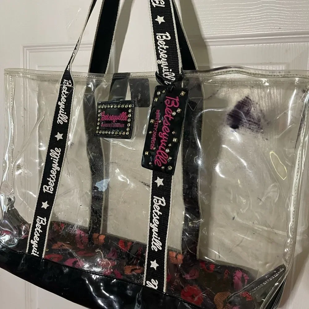 Betsey Johnson Transparent clear plastic XLTote with Black trim Accents